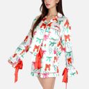 Green Medium Women's Holiday Bow Print Pajama Set with Ribbon Tie Details and Button-Up Top