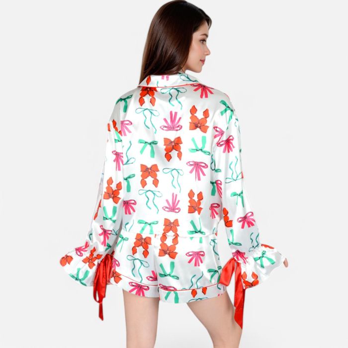 Women's Holiday Bow Print Pajama Set with Ribbon Tie Details and Button-Up Top