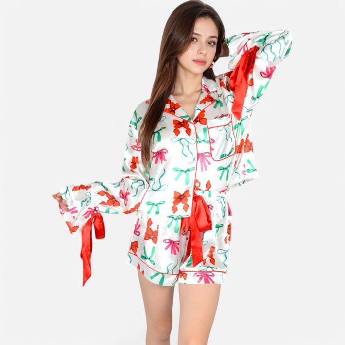 Women's Holiday Bow Print Pajama Set with Ribbon Tie Details and Button-Up Top