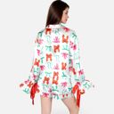 Green Small Women's Holiday Bow Print Pajama Set with Ribbon Tie Details and Button-Up Top