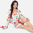 Green Small Women's Holiday Bow Print Pajama Set with Ribbon Tie Details and Button-Up Top