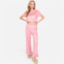 Pink Large Women's Short Sleeve Lounge Set with Wide Leg Pants and Relaxed Fit