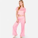 Pink Large Women's Short Sleeve Lounge Set with Wide Leg Pants and Relaxed Fit