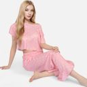 Pink Large Women's Short Sleeve Lounge Set with Wide Leg Pants and Relaxed Fit