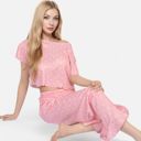 Pink Medium Women's Short Sleeve Lounge Set with Wide Leg Pants and Relaxed Fit