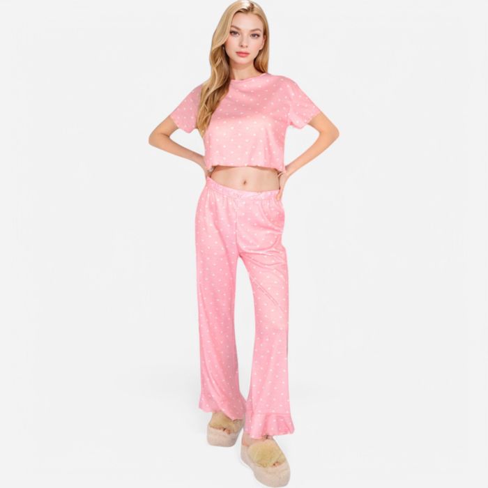 Women's Short Sleeve Lounge Set with Wide Leg Pants and Relaxed Fit