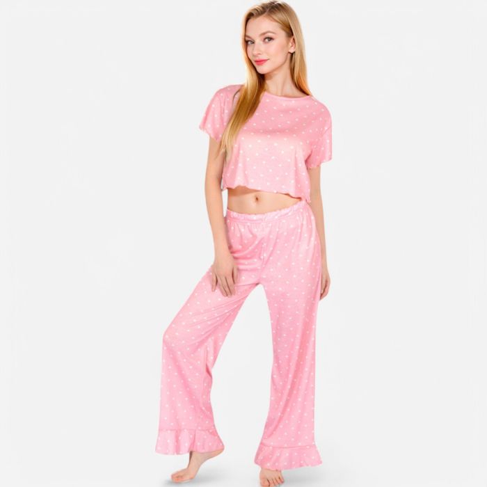 Women's Short Sleeve Lounge Set with Wide Leg Pants and Relaxed Fit