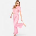 Pink Small Women's Short Sleeve Lounge Set with Wide Leg Pants and Relaxed Fit