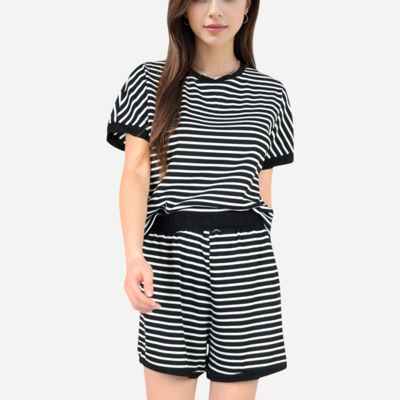 Women's Striped Lounge Set with Cuffed Short Sleeve Top and Elastic Waist Shorts