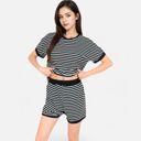 Black Medium Women's Striped Lounge Set with Cuffed Short Sleeve Top and Elastic Waist Shorts