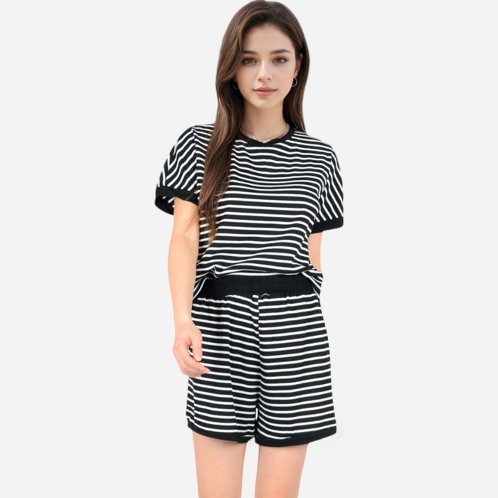 Women's Striped Lounge Set with Cuffed Short Sleeve Top and Elastic Waist Shorts