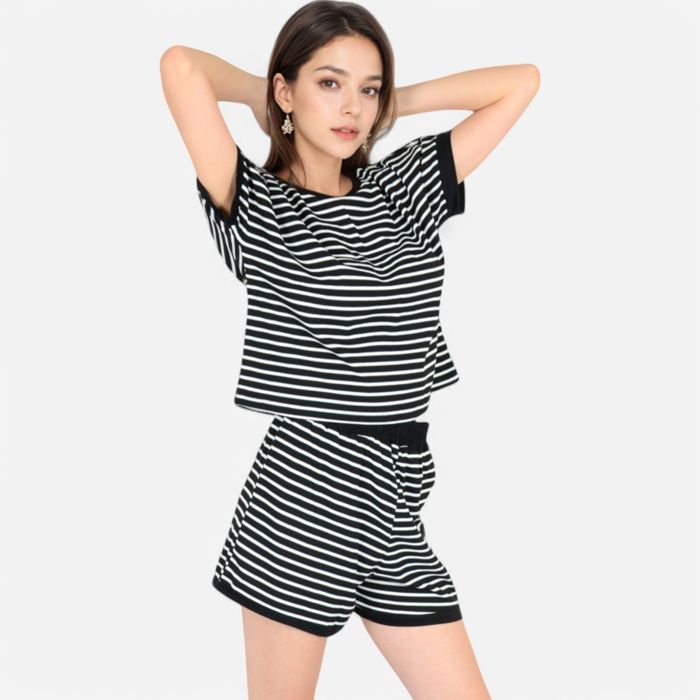 Women's Striped Lounge Set with Cuffed Short Sleeve Top and Elastic Waist Shorts
