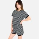 Black Small Women's Striped Lounge Set with Cuffed Short Sleeve Top and Elastic Waist Shorts