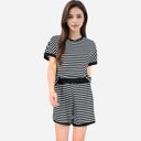 Black Small Women's Striped Lounge Set with Cuffed Short Sleeve Top and Elastic Waist Shorts