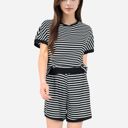 Black XL Women's Striped Lounge Set with Cuffed Short Sleeve Top and Elastic Waist Shorts