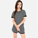 Black XL Women's Striped Lounge Set with Cuffed Short Sleeve Top and Elastic Waist Shorts