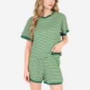 Green Medium Women's Striped Lounge Set with Cuffed Short Sleeve Top and Elastic Waist Shorts