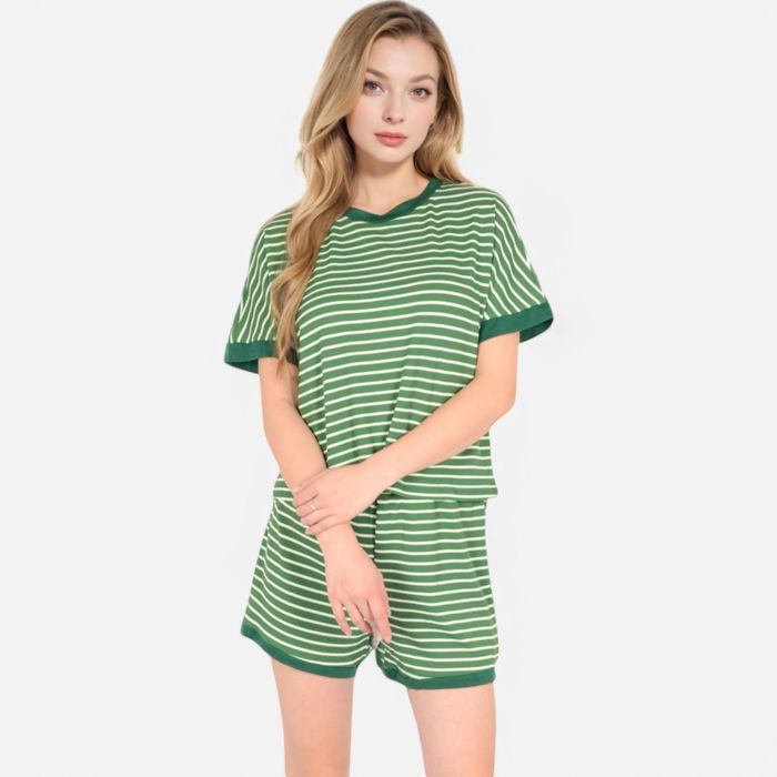 Women's Striped Lounge Set with Cuffed Short Sleeve Top and Elastic Waist Shorts