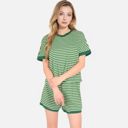Green Medium Women's Striped Lounge Set with Cuffed Short Sleeve Top and Elastic Waist Shorts