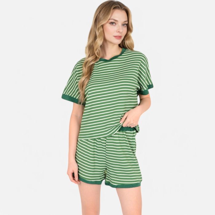 Women's Striped Lounge Set with Cuffed Short Sleeve Top and Elastic Waist Shorts