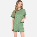 Green Medium Women's Striped Lounge Set with Cuffed Short Sleeve Top and Elastic Waist Shorts