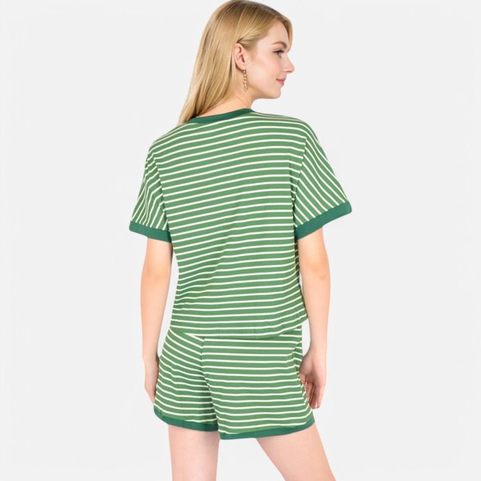 Women's Striped Lounge Set with Cuffed Short Sleeve Top and Elastic Waist Shorts