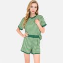Green Medium Women's Striped Lounge Set with Cuffed Short Sleeve Top and Elastic Waist Shorts