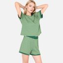 Green Medium Women's Striped Lounge Set with Cuffed Short Sleeve Top and Elastic Waist Shorts