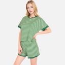 Green XL Women's Striped Lounge Set with Cuffed Short Sleeve Top and Elastic Waist Shorts
