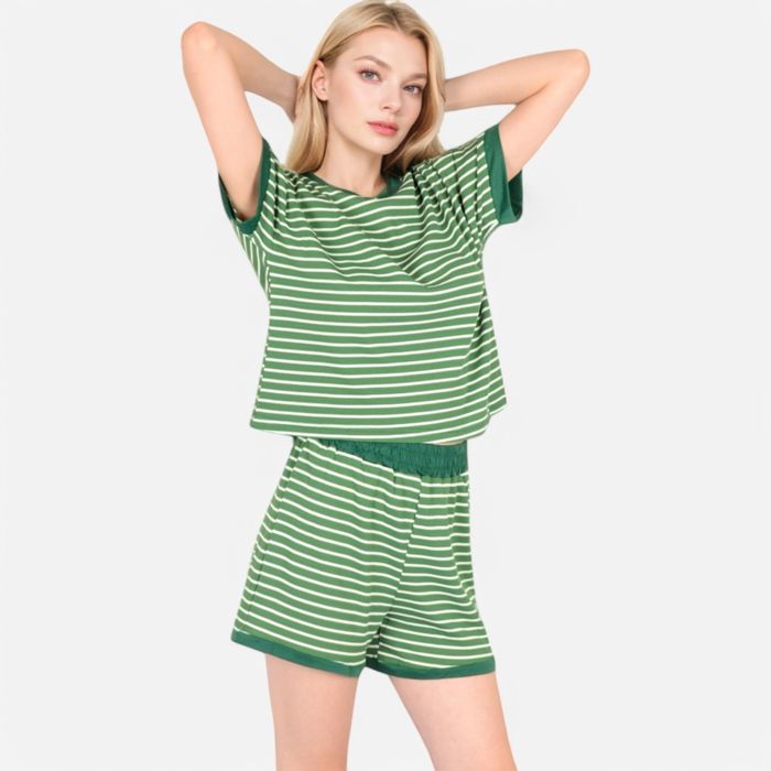 Women's Striped Lounge Set with Cuffed Short Sleeve Top and Elastic Waist Shorts
