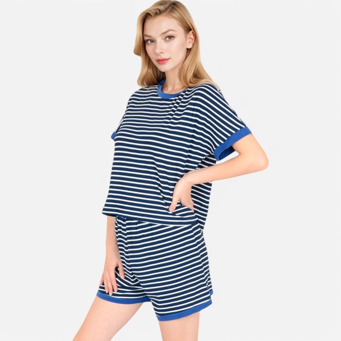 Women's Striped Lounge Set with Cuffed Short Sleeve Top and Elastic Waist Shorts