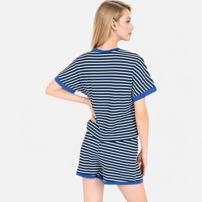 Women's Striped Lounge Set with Cuffed Short Sleeve Top and Elastic Waist Shorts