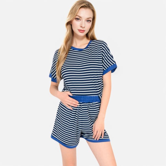 Women's Striped Lounge Set with Cuffed Short Sleeve Top and Elastic Waist Shorts