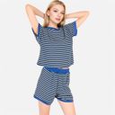 Blue Medium Women's Striped Lounge Set with Cuffed Short Sleeve Top and Elastic Waist Shorts