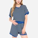 Blue XL Women's Striped Lounge Set with Cuffed Short Sleeve Top and Elastic Waist Shorts