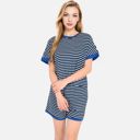 Blue XL Women's Striped Lounge Set with Cuffed Short Sleeve Top and Elastic Waist Shorts