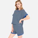 Blue XL Women's Striped Lounge Set with Cuffed Short Sleeve Top and Elastic Waist Shorts
