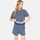 Blue XL Women's Striped Lounge Set with Cuffed Short Sleeve Top and Elastic Waist Shorts