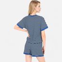 Blue XL Women's Striped Lounge Set with Cuffed Short Sleeve Top and Elastic Waist Shorts