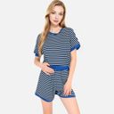 Blue XL Women's Striped Lounge Set with Cuffed Short Sleeve Top and Elastic Waist Shorts