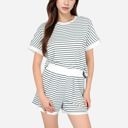 White Large Women's Striped Lounge Set with Cuffed Short Sleeve Top and Elastic Waist Shorts
