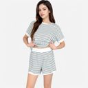 White Large Women's Striped Lounge Set with Cuffed Short Sleeve Top and Elastic Waist Shorts