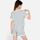 White Large Women's Striped Lounge Set with Cuffed Short Sleeve Top and Elastic Waist Shorts