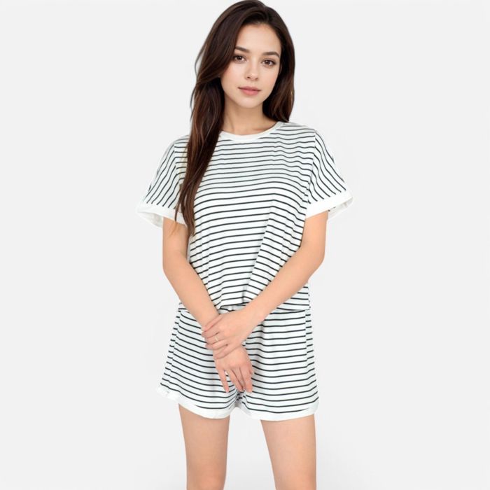 Women's Striped Lounge Set with Cuffed Short Sleeve Top and Elastic Waist Shorts