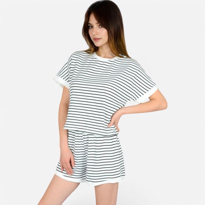 Women's Striped Lounge Set with Cuffed Short Sleeve Top and Elastic Waist Shorts