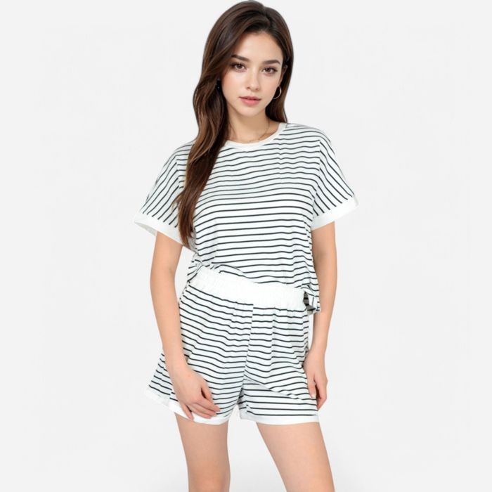 Women's Striped Lounge Set with Cuffed Short Sleeve Top and Elastic Waist Shorts