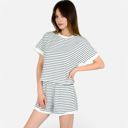 White Small Women's Striped Lounge Set with Cuffed Short Sleeve Top and Elastic Waist Shorts
