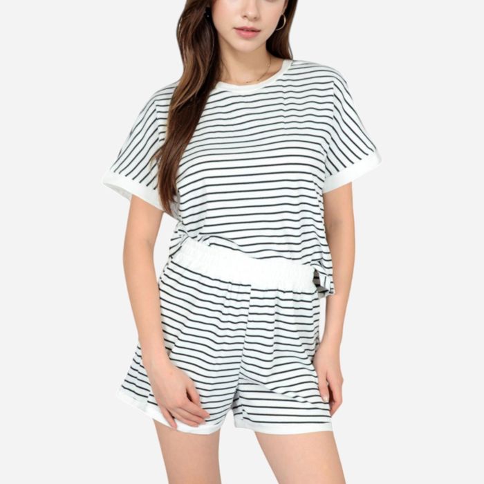 Women's Striped Lounge Set with Cuffed Short Sleeve Top and Elastic Waist Shorts