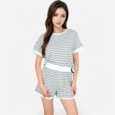 White XL Women's Striped Lounge Set with Cuffed Short Sleeve Top and Elastic Waist Shorts