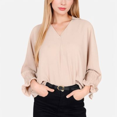 Women's V-Neck Blouse with 3/4 Lantern Sleeves and Ruffle Cuffs